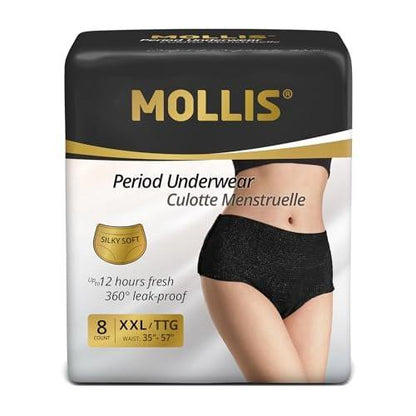 MOLLIS Einweg-Periode-Unterwäsche für Frauen, Wochenbett-Höschen, Inkontinenz-Pantys für starke Blutung, auslaufsicher, unparfümiert, Schwarz, XXLarge, 8 Stück