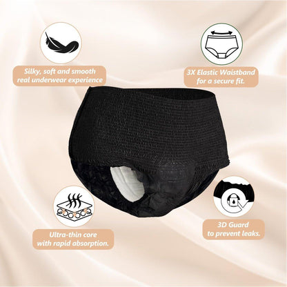 MOLLIS Einweg-Periode-Unterwäsche für Frauen, Wochenbett-Höschen, Inkontinenz-Pantys für starke Blutung, auslaufsicher, unparfümiert, Schwarz, XXLarge, 8 Stück