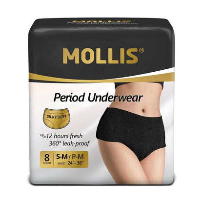 MOLLIS Einweg-Periode-Unterwäsche für Frauen, Postpartum-Höschen, Wochenbett-Slips, auslaufsicher bei starkem Blutfluss, unparfümiert, Schwarz, Small/Medium, 8 Stück