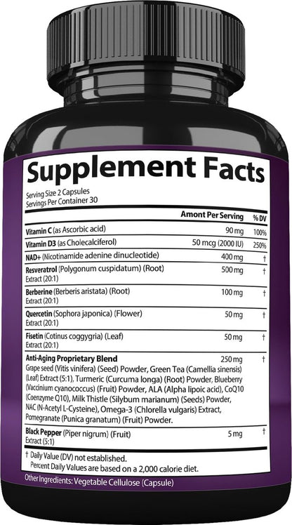 NAD Resveratrol Supplement für Frauen & Männer – Unterstützt Zellgesundheit, Energie & gesundes Altern – Fortschrittliche Formel, Drittanbieter-Labortests in den USA (60 Kapseln)
