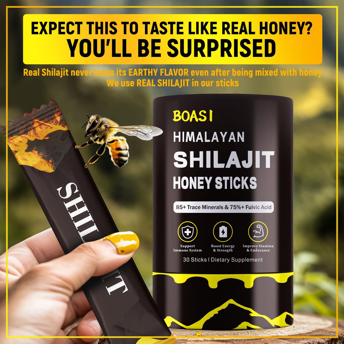 Shilajit Honigsticks mit Bio-Safran, 85+ Spurenelemente, 75%+ Fulvinsäure, Steigert kognitive Funktionen, Energie & Kraft, 30 Sticks