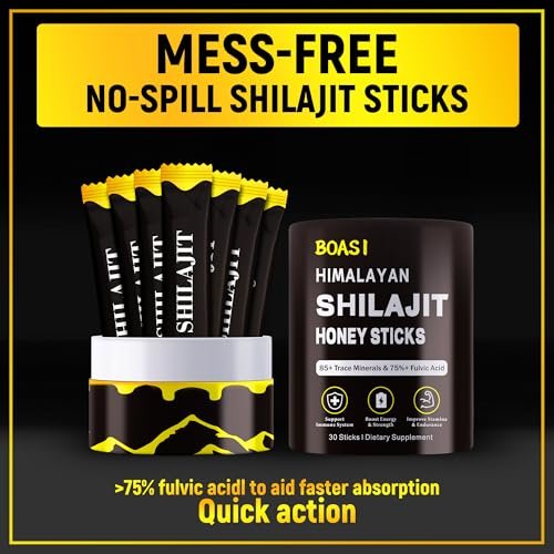 Shilajit Honigsticks mit Bio-Safran, 85+ Spurenelemente, 75%+ Fulvinsäure, Steigert kognitive Funktionen, Energie & Kraft, 30 Sticks