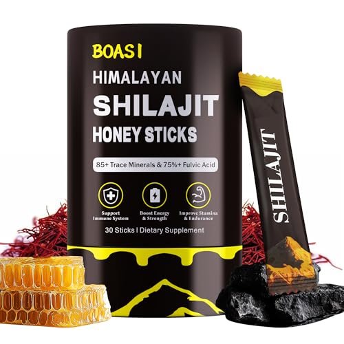 Shilajit Honigsticks mit Bio-Safran, 85+ Spurenelemente, 75%+ Fulvinsäure, Steigert kognitive Funktionen, Energie & Kraft, 30 Sticks