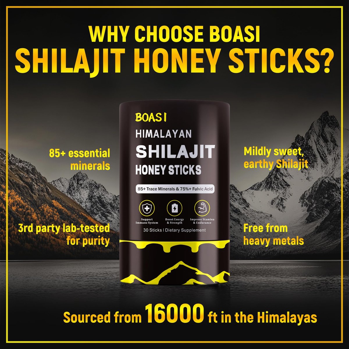 Shilajit Honigsticks mit Bio-Safran, 85+ Spurenelemente, 75%+ Fulvinsäure, Steigert kognitive Funktionen, Energie & Kraft, 30 Sticks