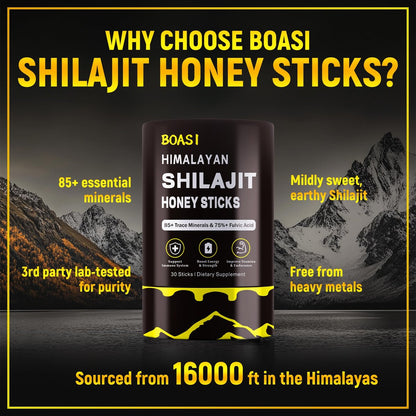 Shilajit Honigsticks mit Bio-Safran, 85+ Spurenelemente, 75%+ Fulvinsäure, Steigert kognitive Funktionen, Energie & Kraft, 30 Sticks
