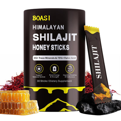 Shilajit Honigsticks mit Bio-Safran, 85+ Spurenelemente, 75%+ Fulvinsäure, Steigert kognitive Funktionen, Energie & Kraft, 30 Sticks
