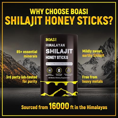 Shilajit Honigsticks mit Bio-Safran, 85+ Spurenelemente, 75%+ Fulvinsäure, Steigert kognitive Funktionen, Energie & Kraft, 30 Sticks