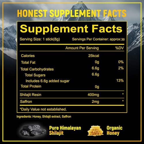 Shilajit Honigsticks mit Bio-Safran, 85+ Spurenelemente, 75%+ Fulvinsäure, Steigert kognitive Funktionen, Energie & Kraft, 30 Sticks