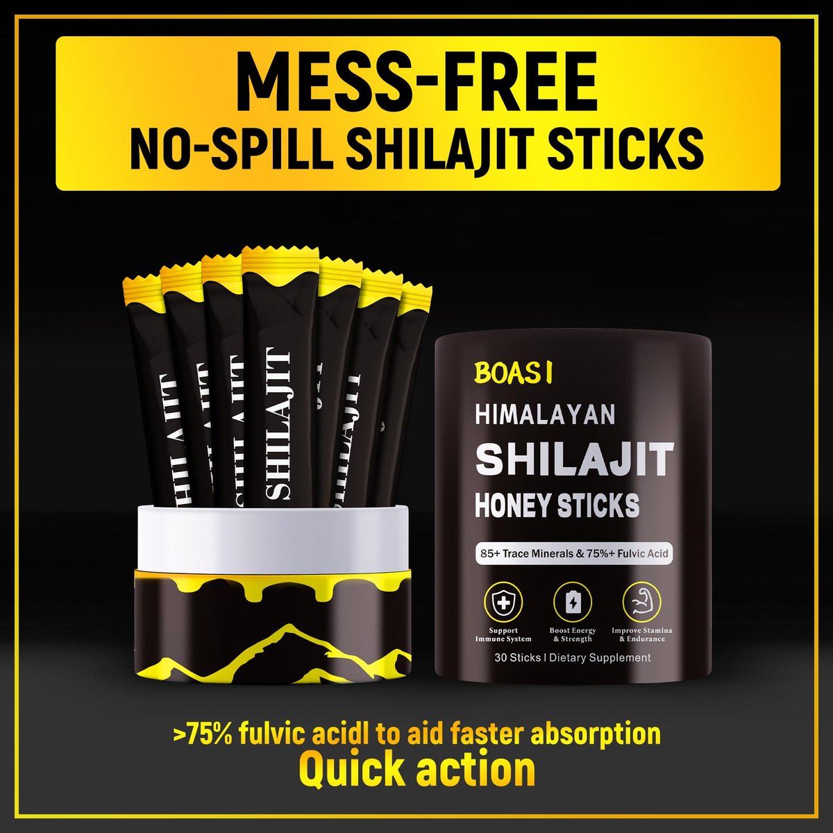 Shilajit Honigsticks mit Bio-Safran, 85+ Spurenelemente, 75%+ Fulvinsäure, Steigert kognitive Funktionen, Energie & Kraft, 30 Sticks