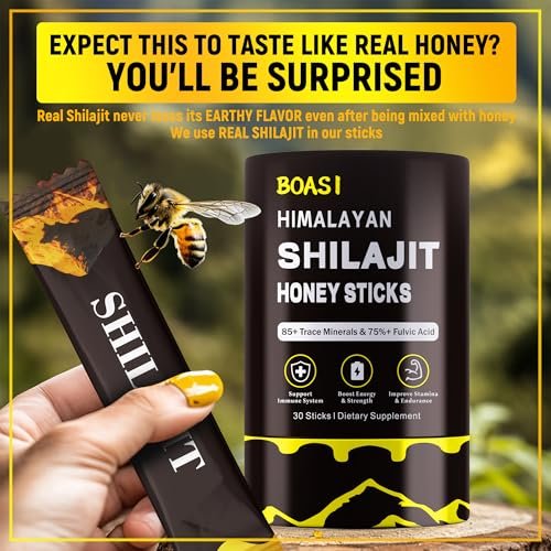 Shilajit Honigsticks mit Bio-Safran, 85+ Spurenelemente, 75%+ Fulvinsäure, Steigert kognitive Funktionen, Energie & Kraft, 30 Sticks