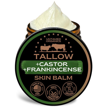 Untamed Organics Handgemachter Talg-, Rizinusöl- und Weihrauchöl-Hautbalsam – 100 % grasgefütterter Talg für die Hautpflege – Gesichts- und Körperfeuchtigkeitscreme für empfindliche Haut, Ekzem-Allzweckbalsam – 60 ml