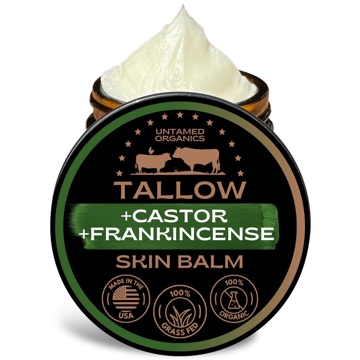 Untamed Organics Handgemachter Talg-, Rizinusöl- und Weihrauchöl-Hautbalsam – 100 % grasgefütterter Talg für die Hautpflege – Gesichts- und Körperfeuchtigkeitscreme für empfindliche Haut, Ekzem-Allzweckbalsam – 60 ml
