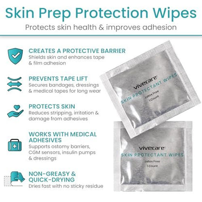 Vivecare Skin Prep Wipes (50 Stück) – Sterile Schutzbarriere & Alkoholtücher für Klebstoff – Medizinische Hautvorbereitungspads zur Erzeugung einer Schutzschicht zwischen Haut und Befestigung – für Stoma, IV und Klebstoff