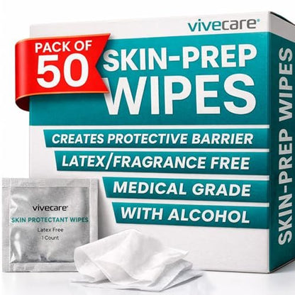 Vivecare Skin Prep Wipes (50 Stück) – Sterile Schutzbarriere & Alkoholtücher für Klebstoff – Medizinische Hautvorbereitungspads zur Erzeugung einer Schutzschicht zwischen Haut und Befestigung – für Stoma, IV und Klebstoff