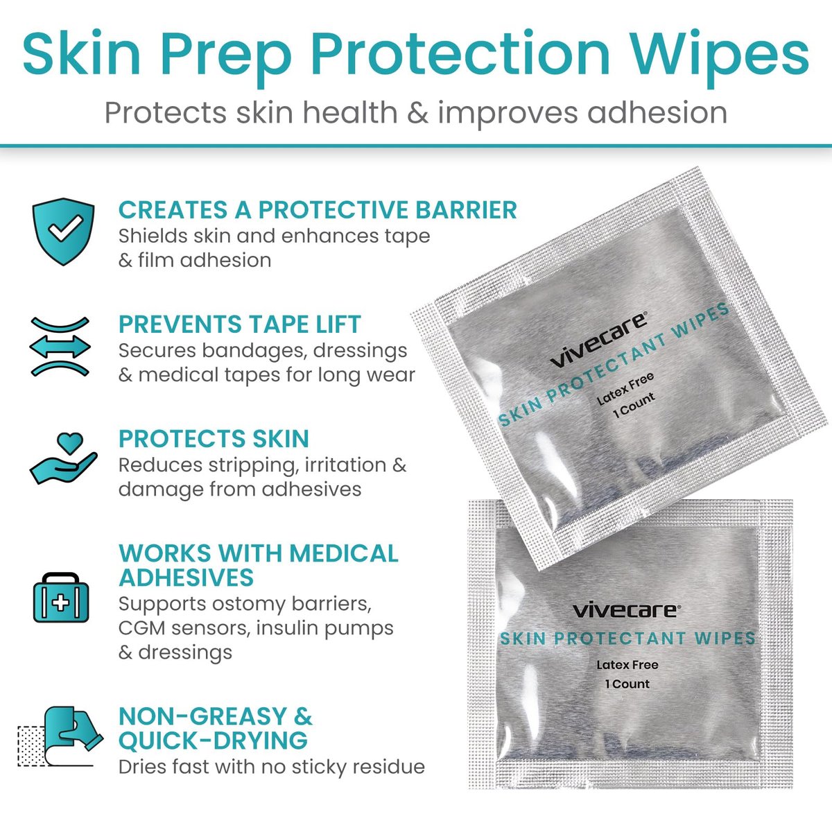 Vivecare Skin Prep Wipes (50 Stück) – Sterile Schutzbarriere & Alkoholtücher für Klebstoff – Medizinische Hautvorbereitungspads zur Erzeugung einer Schutzschicht zwischen Haut und Befestigung – für Stoma, IV und Klebstoff