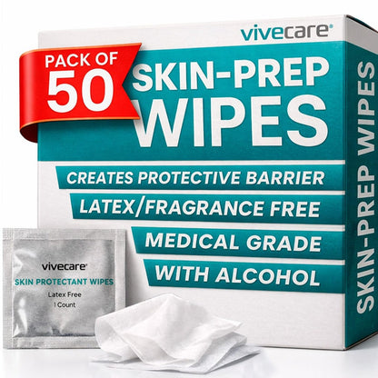 Vivecare Skin Prep Wipes (50 Stück) – Sterile Schutzbarriere & Alkoholtücher für Klebstoff – Medizinische Hautvorbereitungspads zur Erzeugung einer Schutzschicht zwischen Haut und Befestigung – für Stoma, IV und Klebstoff