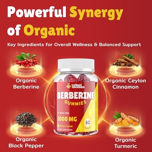 2000mg Berberin Gummis mit hoher Potenz – Wellness-Blend mit Ceylon-Zimt, Kurkuma, Magnesium & Chrom, vegan, nicht-GVO, glutenfrei, Pfirsichgeschmack, 60 Gummis – 1 Packung