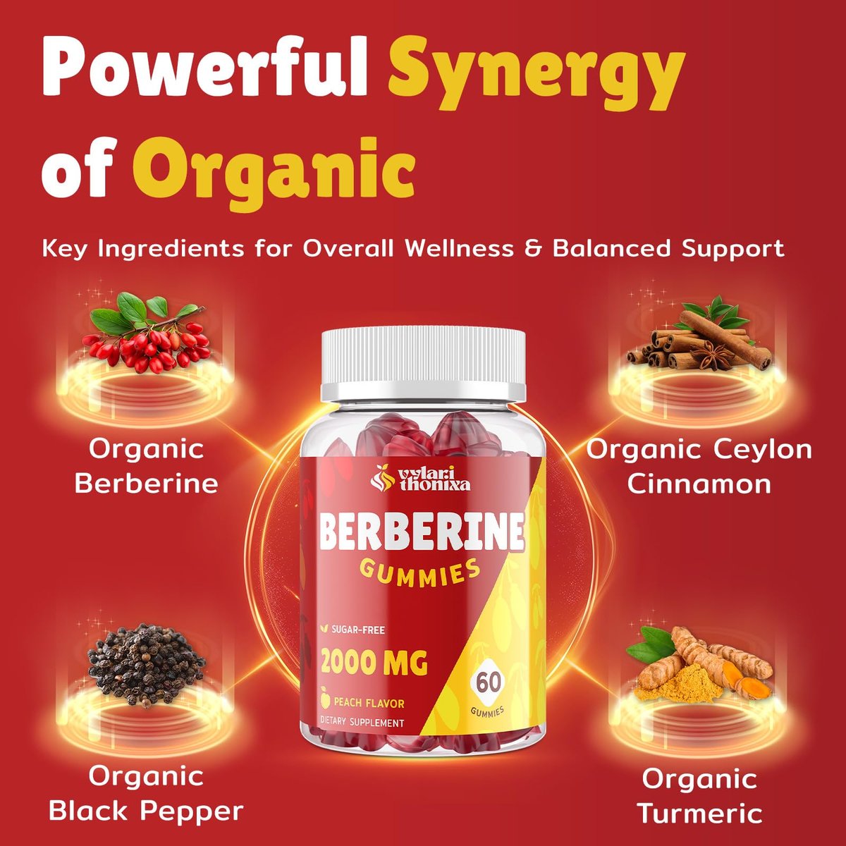 2000mg Berberin Gummis mit hoher Potenz – Wellness-Blend mit Ceylon-Zimt, Kurkuma, Magnesium & Chrom, vegan, nicht-GVO, glutenfrei, Pfirsichgeschmack, 60 Gummis – 1 Packung