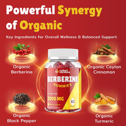 2000mg Berberin Gummis mit hoher Potenz – Wellness-Blend mit Ceylon-Zimt, Kurkuma, Magnesium & Chrom, vegan, nicht-GVO, glutenfrei, Pfirsichgeschmack, 60 Gummis – 1 Packung