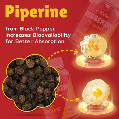 2000mg Berberin Gummis mit hoher Potenz – Wellness-Blend mit Ceylon-Zimt, Kurkuma, Magnesium & Chrom, vegan, nicht-GVO, glutenfrei, Pfirsichgeschmack, 60 Gummis – 1 Packung