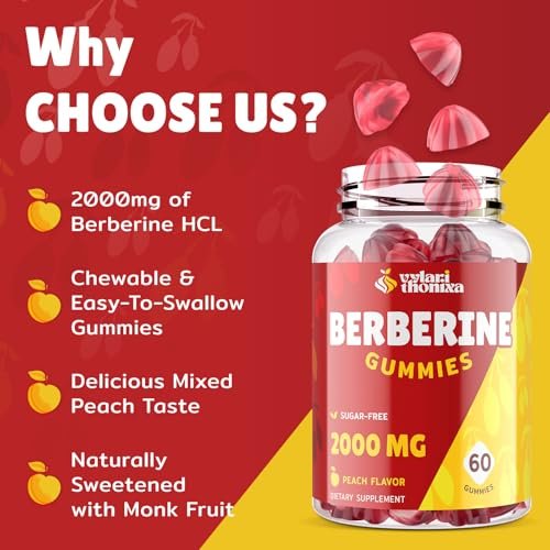 2000mg Berberin Gummis mit hoher Potenz – Wellness-Blend mit Ceylon-Zimt, Kurkuma, Magnesium & Chrom, vegan, nicht-GVO, glutenfrei, Pfirsichgeschmack, 60 Gummis – 1 Packung