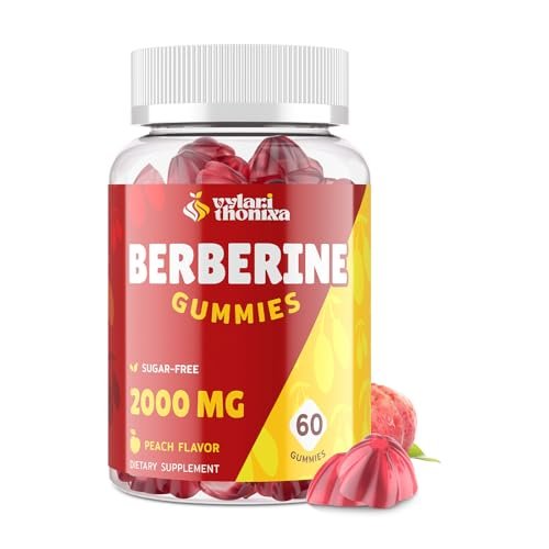 2000mg Berberin Gummis mit hoher Potenz – Wellness-Blend mit Ceylon-Zimt, Kurkuma, Magnesium & Chrom, vegan, nicht-GVO, glutenfrei, Pfirsichgeschmack, 60 Gummis – 1 Packung