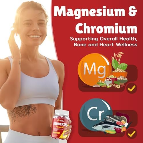 2000mg Berberin Gummis mit hoher Potenz – Wellness-Blend mit Ceylon-Zimt, Kurkuma, Magnesium & Chrom, vegan, nicht-GVO, glutenfrei, Pfirsichgeschmack, 60 Gummis – 1 Packung