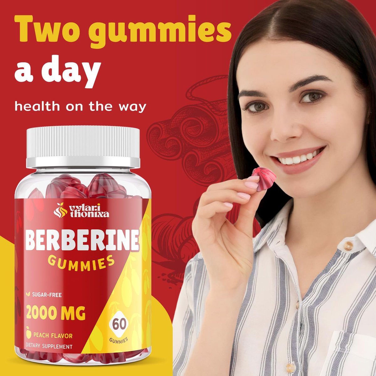 2000mg Berberin Gummis mit hoher Potenz – Wellness-Blend mit Ceylon-Zimt, Kurkuma, Magnesium & Chrom, vegan, nicht-GVO, glutenfrei, Pfirsichgeschmack, 60 Gummis – 1 Packung