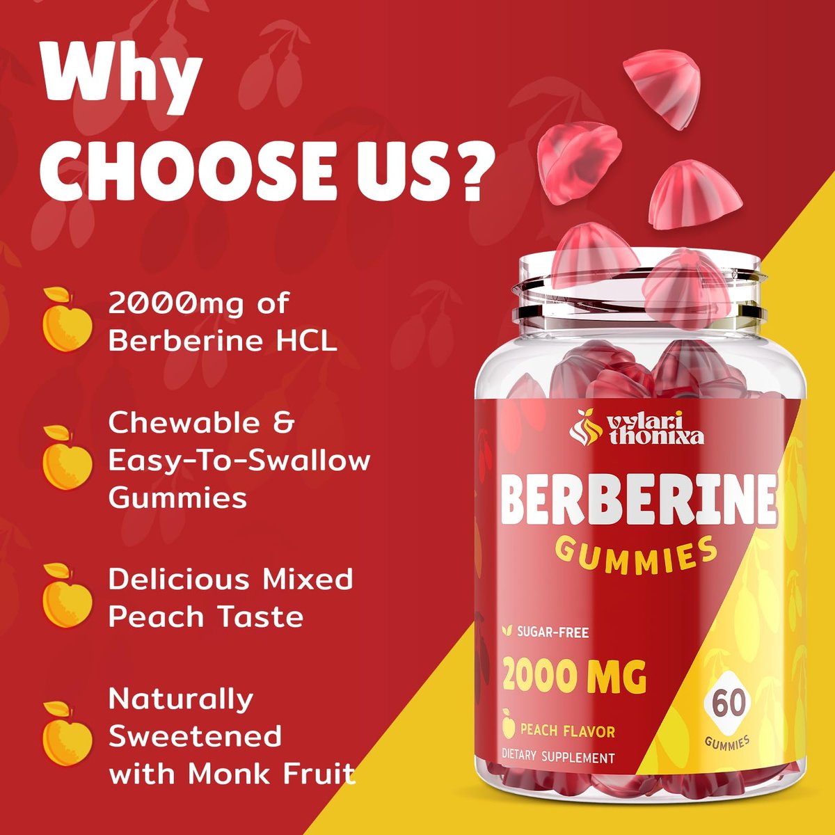 2000mg Berberin Gummis mit hoher Potenz – Wellness-Blend mit Ceylon-Zimt, Kurkuma, Magnesium & Chrom, vegan, nicht-GVO, glutenfrei, Pfirsichgeschmack, 60 Gummis – 1 Packung