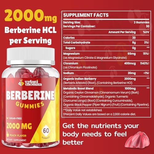 2000mg Berberin Gummis mit hoher Potenz – Wellness-Blend mit Ceylon-Zimt, Kurkuma, Magnesium & Chrom, vegan, nicht-GVO, glutenfrei, Pfirsichgeschmack, 60 Gummis – 1 Packung