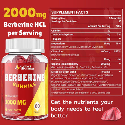 2000mg Berberin Gummis mit hoher Potenz – Wellness-Blend mit Ceylon-Zimt, Kurkuma, Magnesium & Chrom, vegan, nicht-GVO, glutenfrei, Pfirsichgeschmack, 60 Gummis – 1 Packung