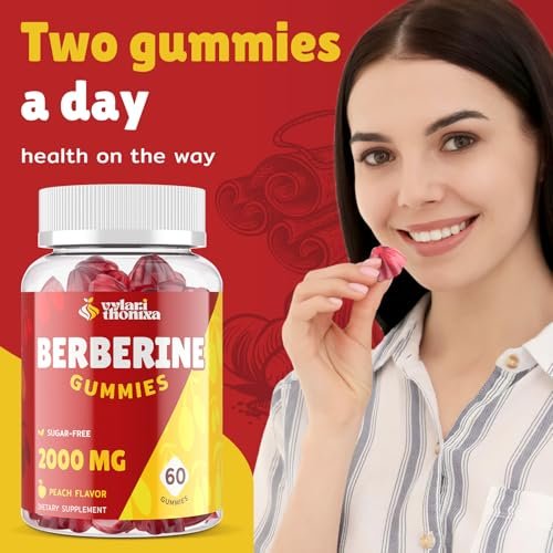 2000mg Berberin Gummis mit hoher Potenz – Wellness-Blend mit Ceylon-Zimt, Kurkuma, Magnesium & Chrom, vegan, nicht-GVO, glutenfrei, Pfirsichgeschmack, 60 Gummis – 1 Packung