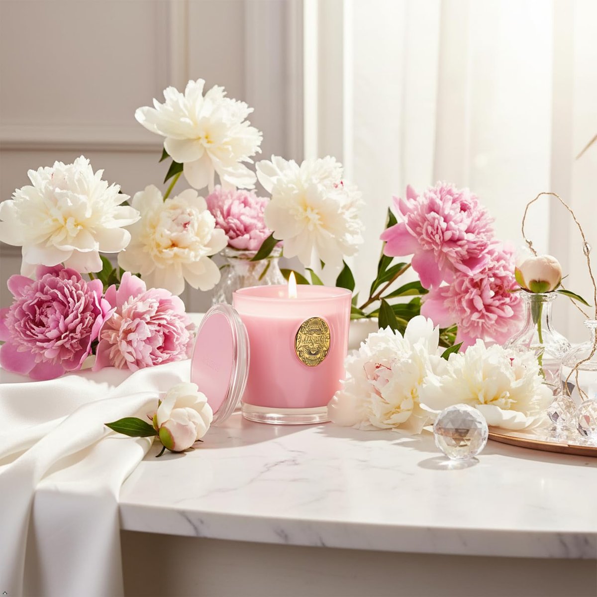 M&SENSE Peony Blush Duftkerze | 9,2 oz Sojawachs-Kerze, ungiftig, Aromatherapie für Stressabbau & Home Spa