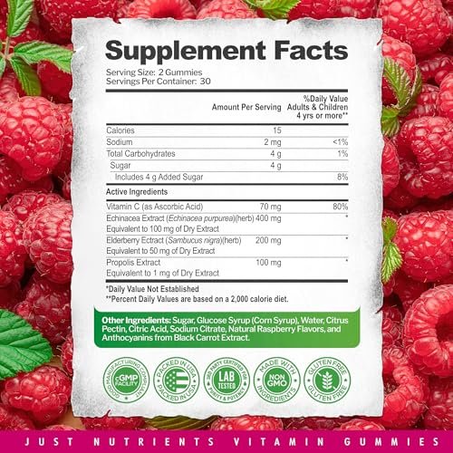 Just Nutrients Holunderbeeren Gummibärchen mit Vitamin C, Echinacea, Propolis (60 Stück) - Immununterstützung für Erwachsene & Kinder - Höchste Stärke, Himbeergeschmack - Glutenfrei, Vegan