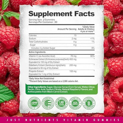 Just Nutrients Holunderbeeren Gummibärchen mit Vitamin C, Echinacea, Propolis (60 Stück) - Immununterstützung für Erwachsene & Kinder - Höchste Stärke, Himbeergeschmack - Glutenfrei, Vegan