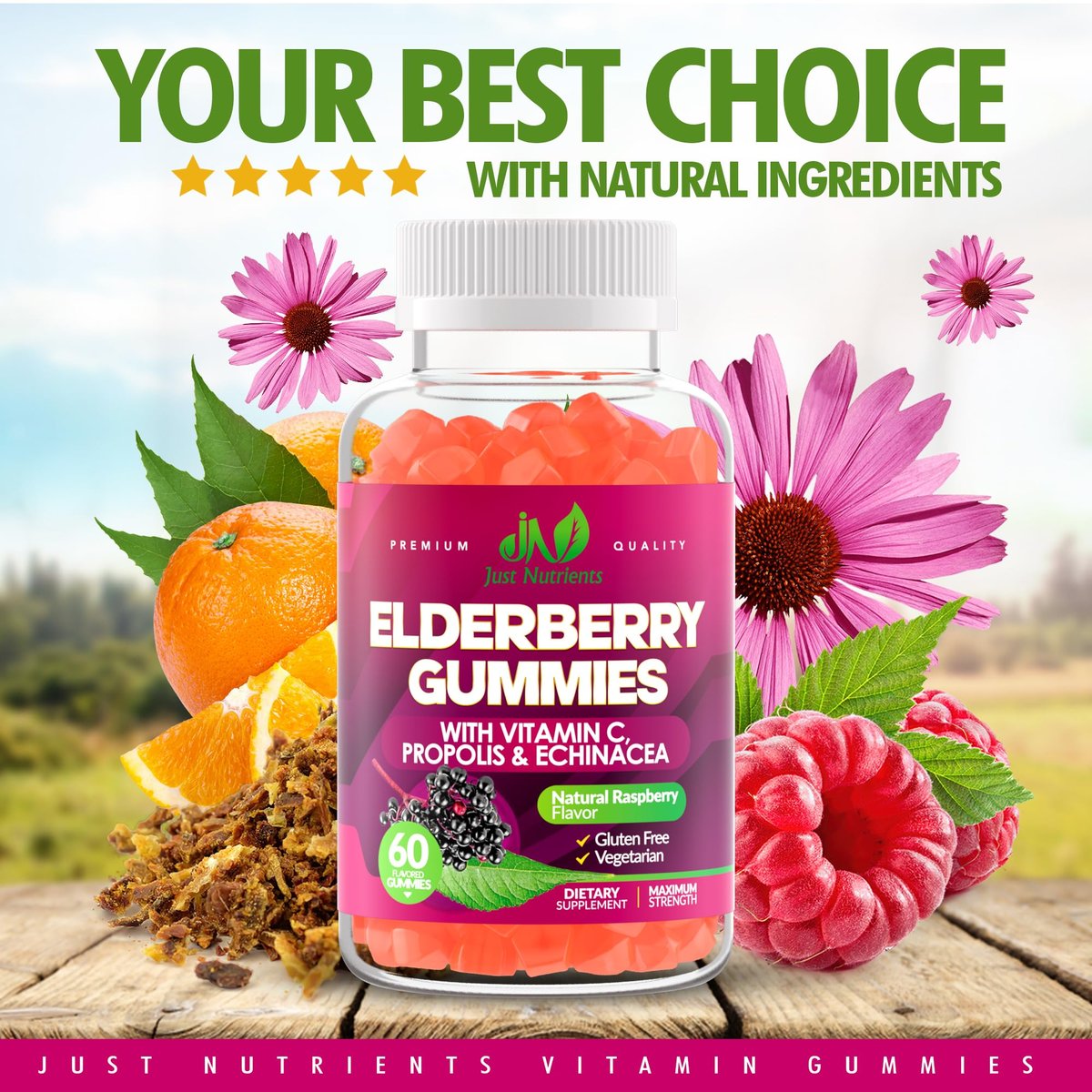 Just Nutrients Holunderbeeren Gummibärchen mit Vitamin C, Echinacea, Propolis (60 Stück) - Immununterstützung für Erwachsene & Kinder - Höchste Stärke, Himbeergeschmack - Glutenfrei, Vegan