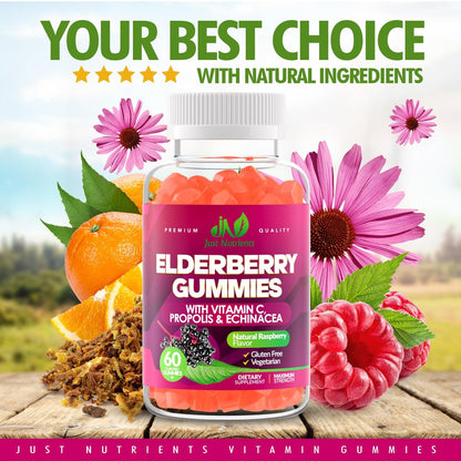 Just Nutrients Holunderbeeren Gummibärchen mit Vitamin C, Echinacea, Propolis (60 Stück) - Immununterstützung für Erwachsene & Kinder - Höchste Stärke, Himbeergeschmack - Glutenfrei, Vegan