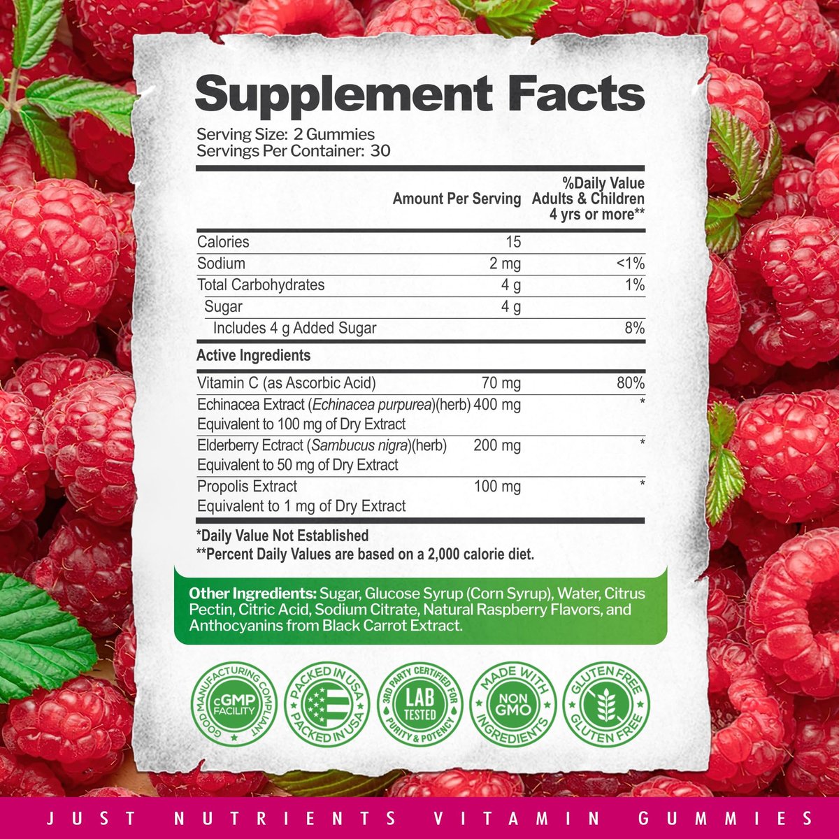 Just Nutrients Holunderbeeren Gummibärchen mit Vitamin C, Echinacea, Propolis (60 Stück) - Immununterstützung für Erwachsene & Kinder - Höchste Stärke, Himbeergeschmack - Glutenfrei, Vegan