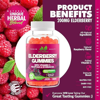 Just Nutrients Holunderbeeren Gummibärchen mit Vitamin C, Echinacea, Propolis (60 Stück) - Immununterstützung für Erwachsene & Kinder - Höchste Stärke, Himbeergeschmack - Glutenfrei, Vegan