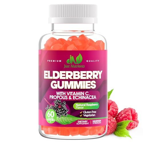 Just Nutrients Holunderbeeren Gummibärchen mit Vitamin C, Echinacea, Propolis (60 Stück) - Immununterstützung für Erwachsene & Kinder - Höchste Stärke, Himbeergeschmack - Glutenfrei, Vegan