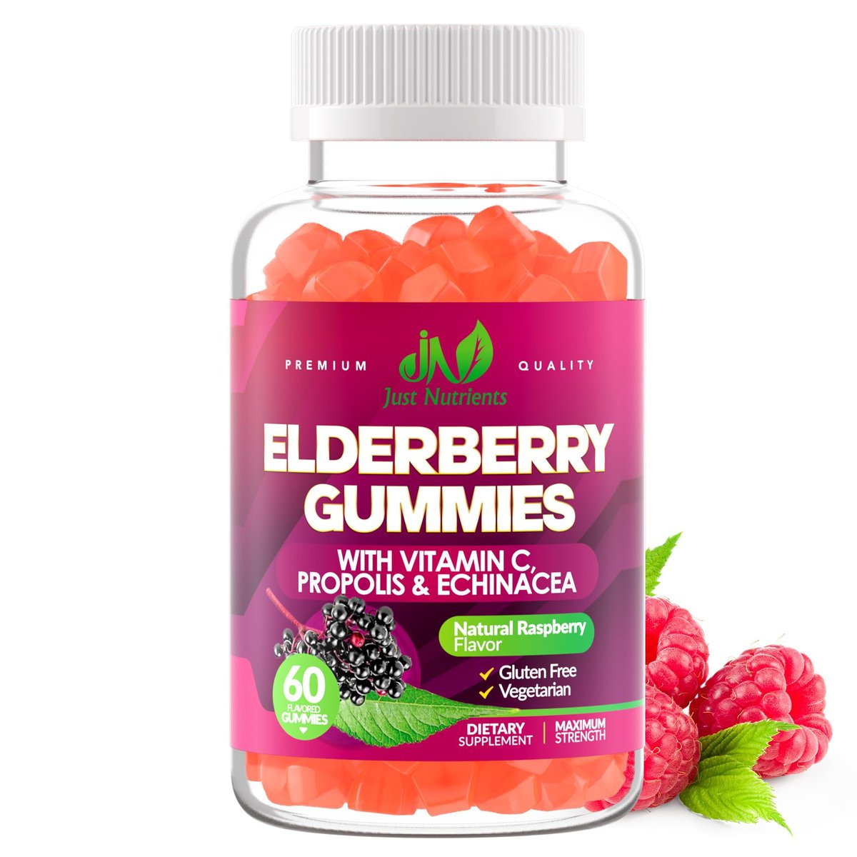 Just Nutrients Holunderbeeren Gummibärchen mit Vitamin C, Echinacea, Propolis (60 Stück) - Immununterstützung für Erwachsene & Kinder - Höchste Stärke, Himbeergeschmack - Glutenfrei, Vegan