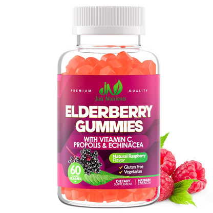 Just Nutrients Holunderbeeren Gummibärchen mit Vitamin C, Echinacea, Propolis (60 Stück) - Immununterstützung für Erwachsene & Kinder - Höchste Stärke, Himbeergeschmack - Glutenfrei, Vegan