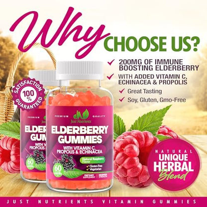 Just Nutrients Holunderbeeren Gummibärchen mit Vitamin C, Echinacea, Propolis (60 Stück) - Immununterstützung für Erwachsene & Kinder - Höchste Stärke, Himbeergeschmack - Glutenfrei, Vegan