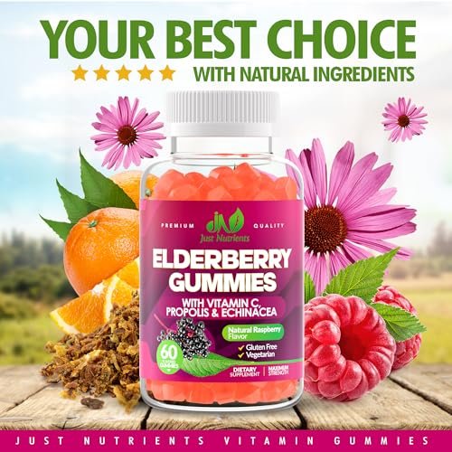 Just Nutrients Holunderbeeren Gummibärchen mit Vitamin C, Echinacea, Propolis (60 Stück) - Immununterstützung für Erwachsene & Kinder - Höchste Stärke, Himbeergeschmack - Glutenfrei, Vegan