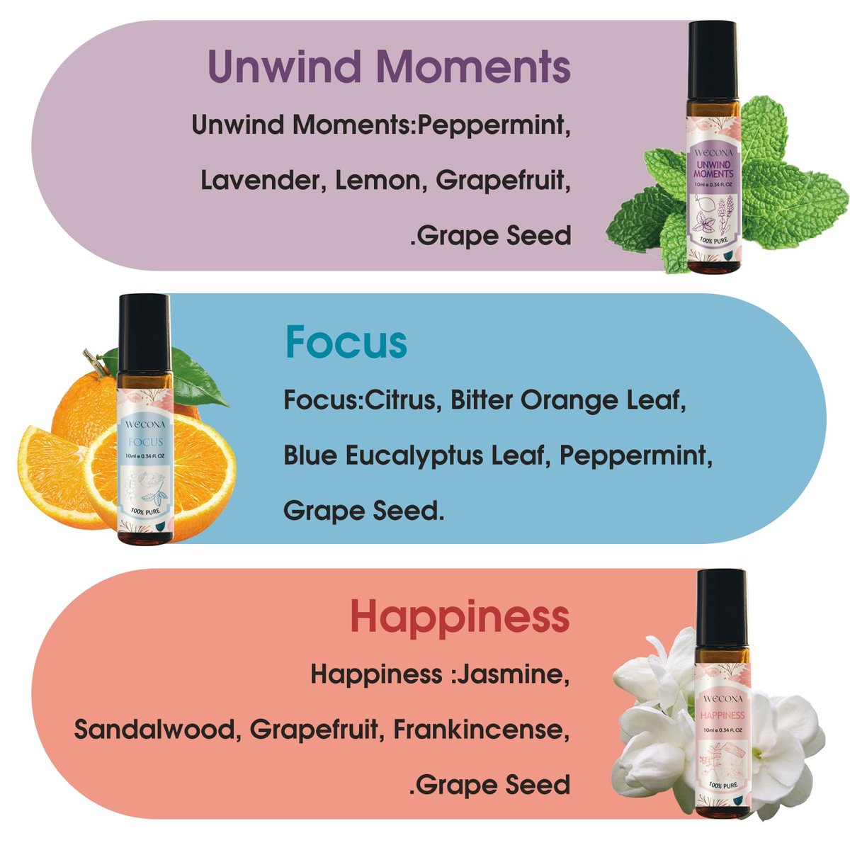 Wecona Aromatherapie Ätherische Öle Roll-On Set – 6x10ml Duftmischungen mit Rollerflaschen, Tragbare Ätherische Öle für Diffuser zu Hause, Entspannungsgeschenk für Frauen & Männer