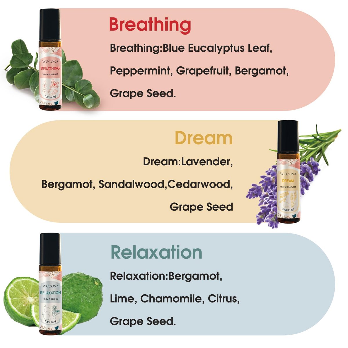 Wecona Aromatherapie Ätherische Öle Roll-On Set – 6x10ml Duftmischungen mit Rollerflaschen, Tragbare Ätherische Öle für Diffuser zu Hause, Entspannungsgeschenk für Frauen & Männer