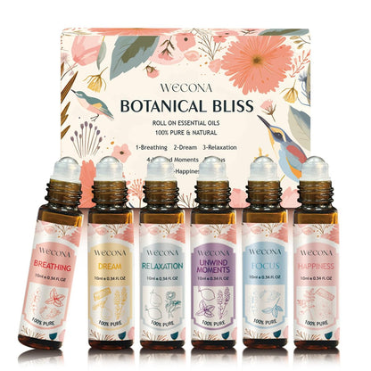 Wecona Aromatherapie Ätherische Öle Roll-On Set – 6x10ml Duftmischungen mit Rollerflaschen, Tragbare Ätherische Öle für Diffuser zu Hause, Entspannungsgeschenk für Frauen & Männer