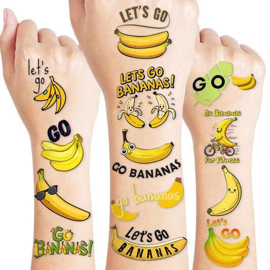 Banana Temporäre Tattoos 8 Blätter 96 Stück - Gelbe Frucht-Gesichtsaufkleber für Kinder & Erwachsene, Spieltag-Sport-Fanaccessoires, Partygeschenke für Jungen Mädchen Schulkarneval-Preise