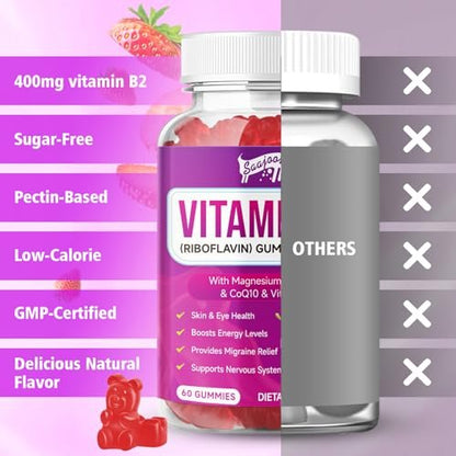 Saajoor Vitamin B2 Gummis – Riboflavin 400 mg mit Magnesium & CoQ10 & Vitaminen für Kinder & Erwachsene – Migräne-Linderung & Kopfschmerzlinderung – Erdbeergeschmack, 60 Gummis