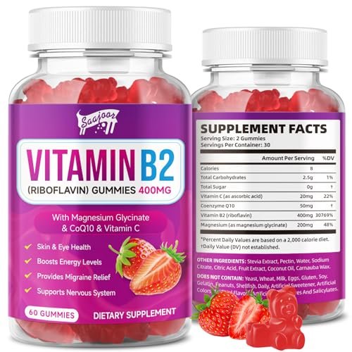 Saajoor Vitamin B2 Gummis – Riboflavin 400 mg mit Magnesium & CoQ10 & Vitaminen für Kinder & Erwachsene – Migräne-Linderung & Kopfschmerzlinderung – Erdbeergeschmack, 60 Gummis